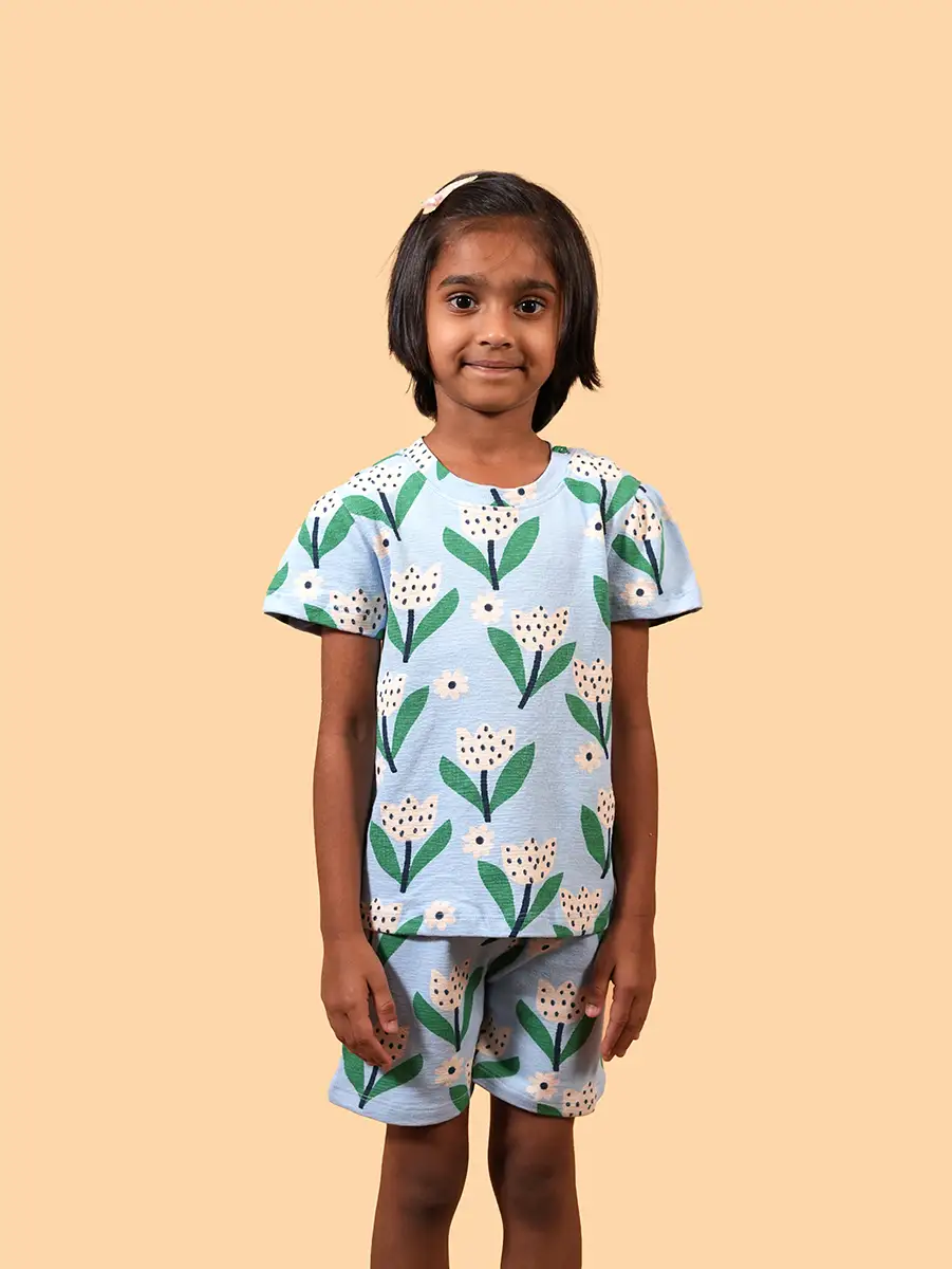 Sky blue with floral leaf print