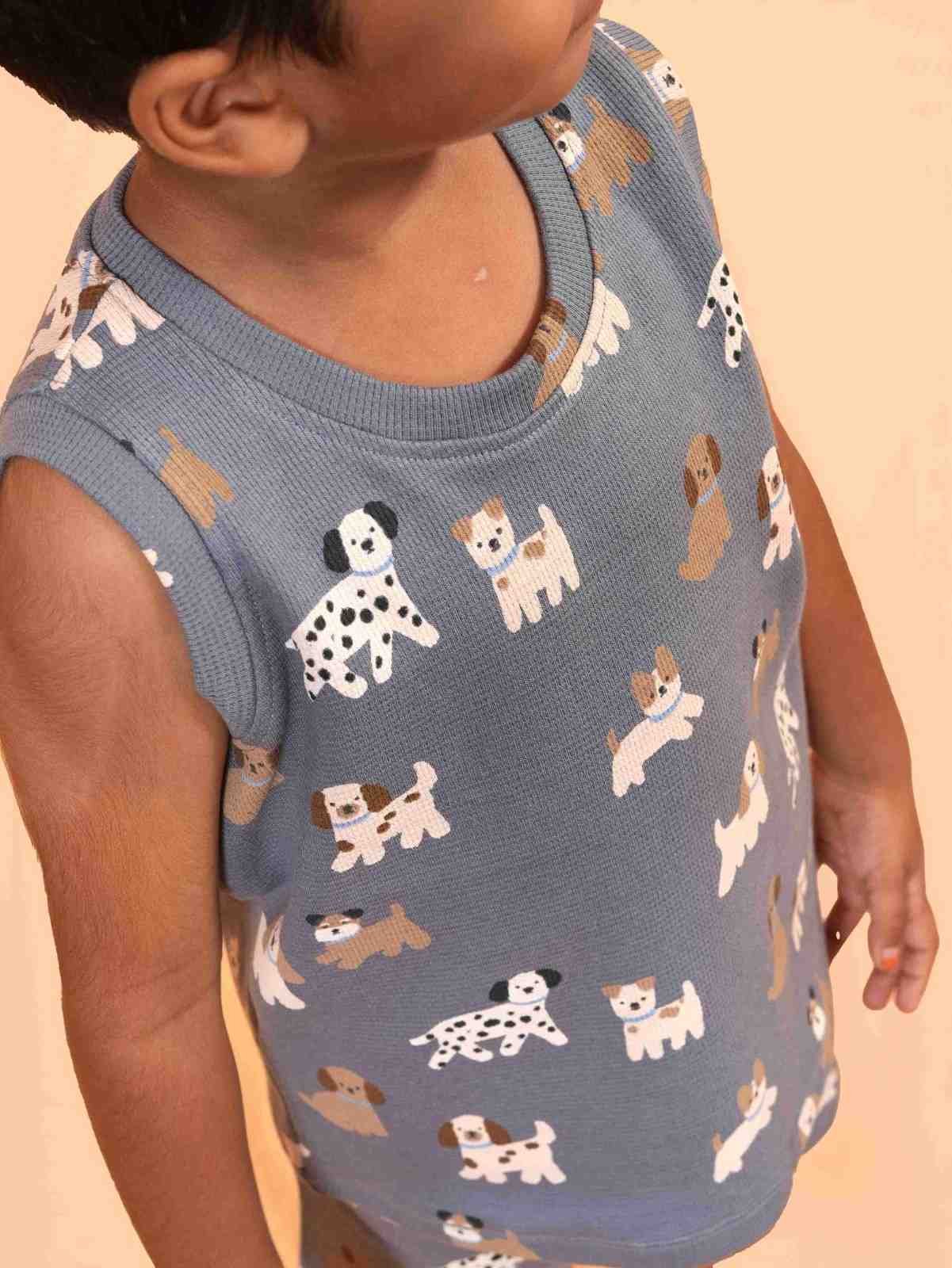 Blue Sleeveless Co-ord Set – All-Over Puppy Print