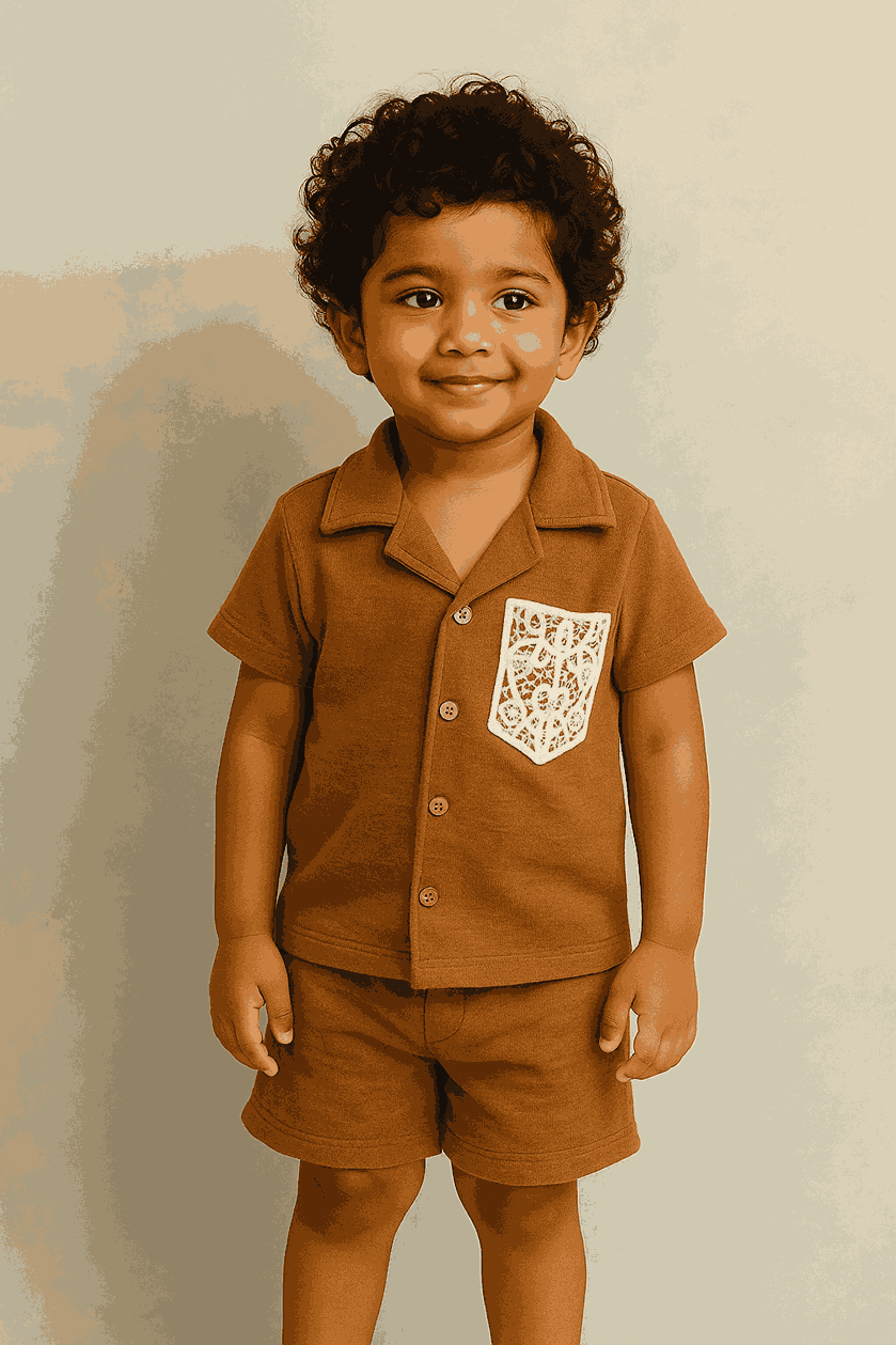 Brown Shirt & Shorts Co-Ord Set with Lace Pocket