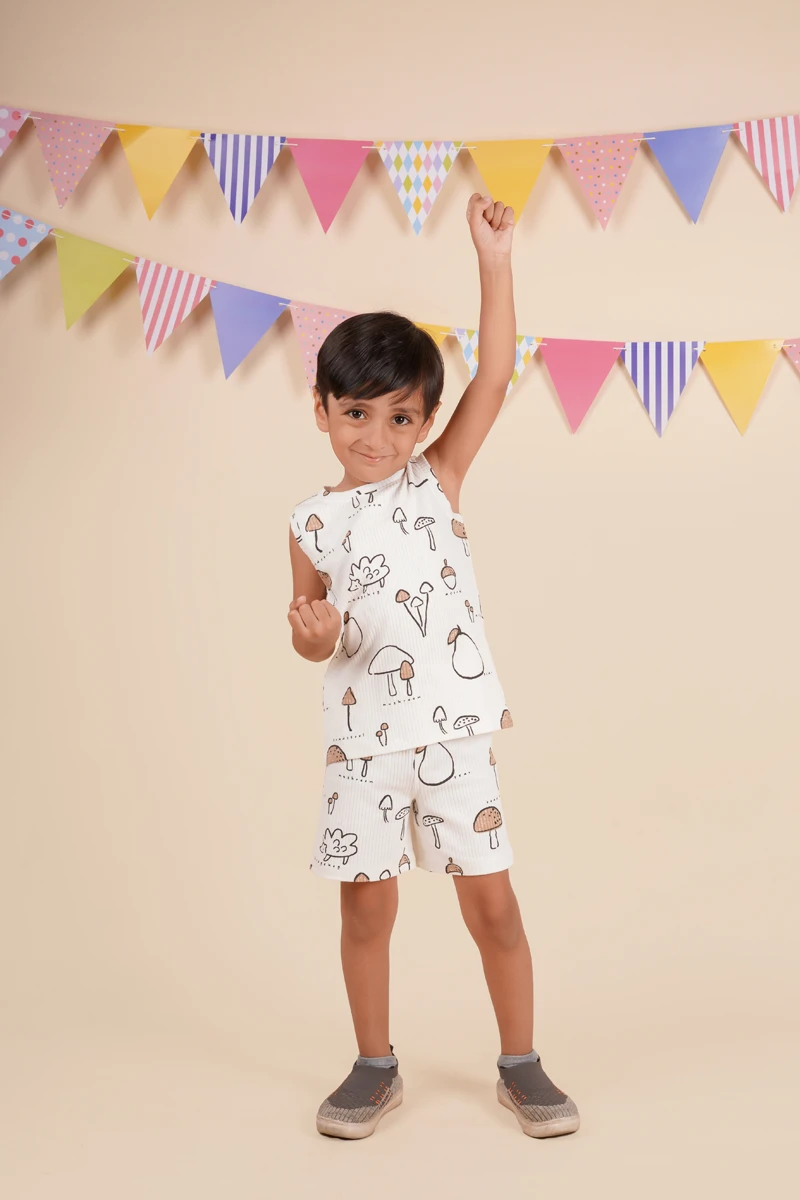 White Mushroom Print Sleeveless Co-ord Set