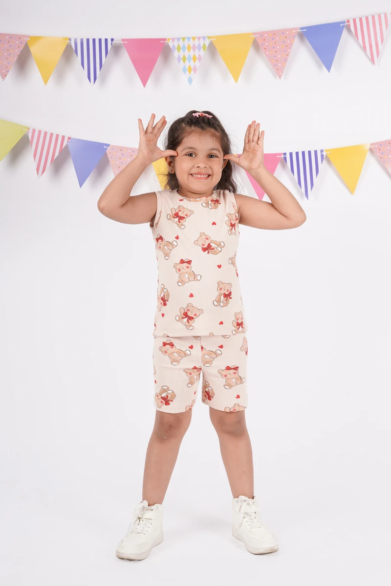 Beige Teddy Bear Heart Sleeveless Co-ord Set