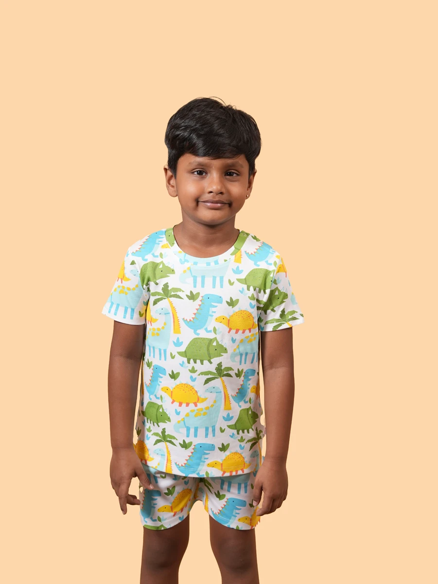 Dinosaur Printed T-Shirt & Shorts Co-Ord Set – Interlock Fabric (6-12M to 5-6Y)