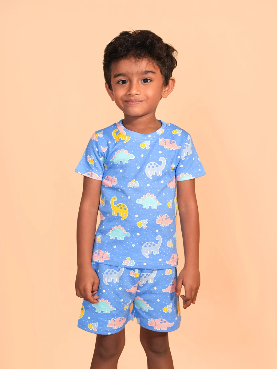 Blue Dinosaur Co-ord Set – Loopknit Cotton