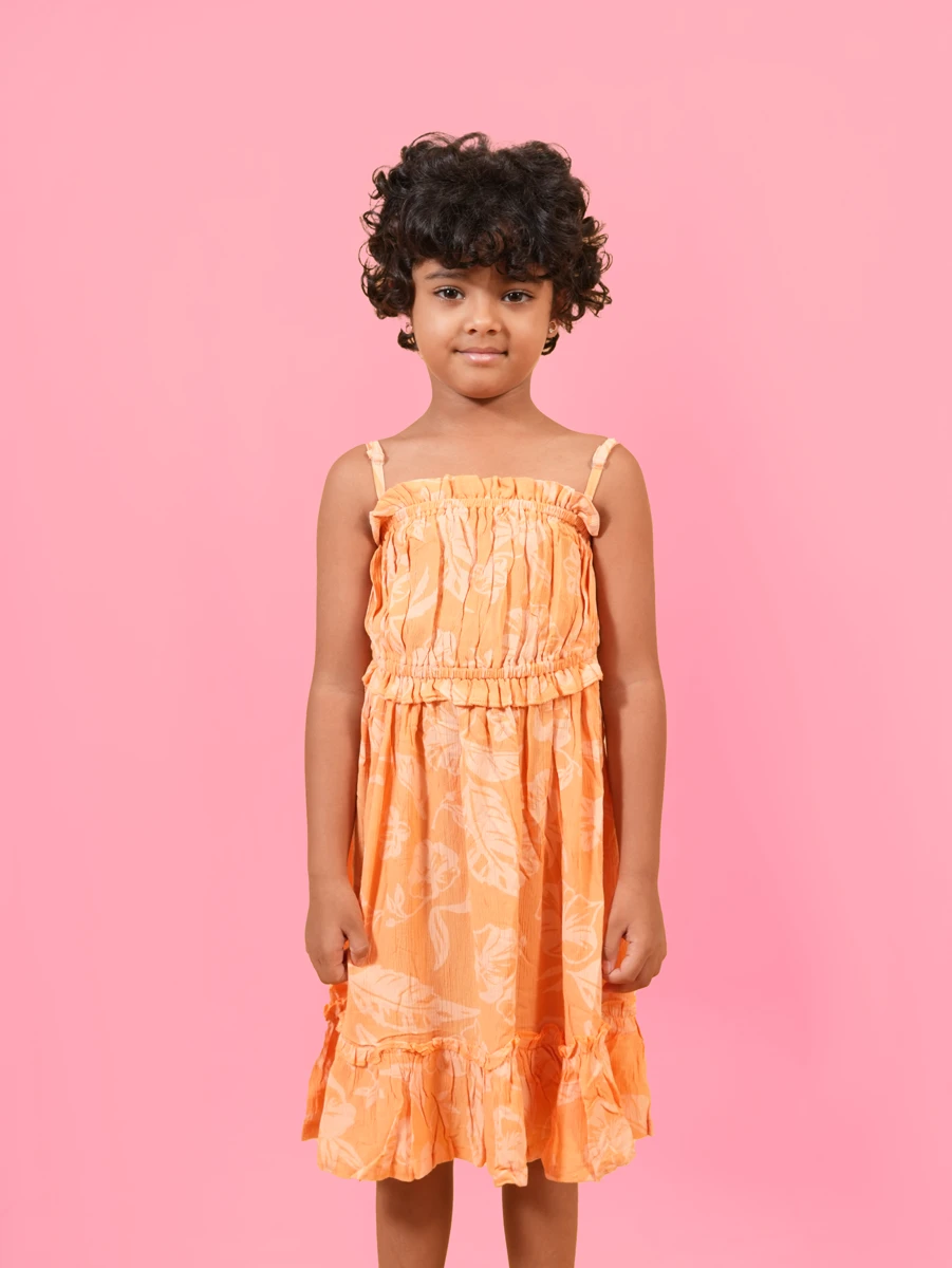 Girls Orange Printed Cotton Dress with Adjustable Straps