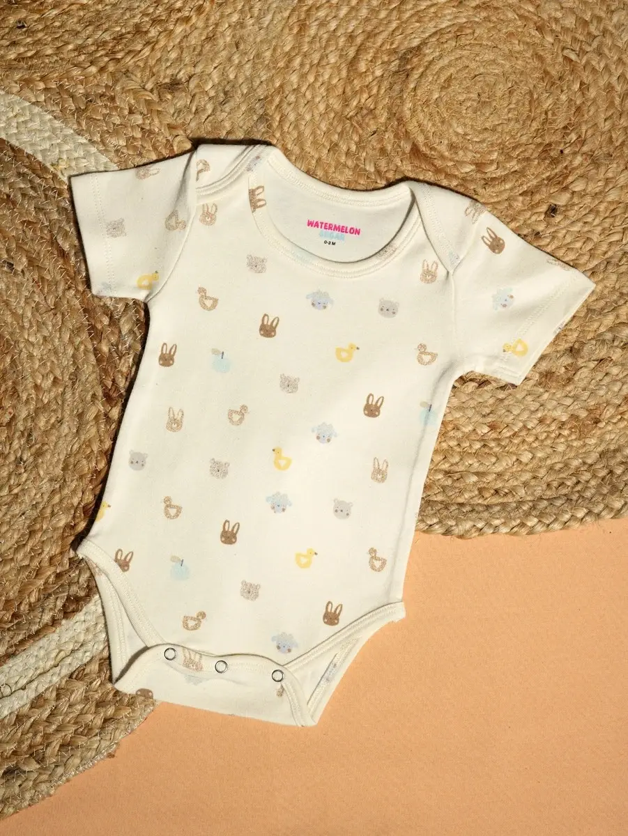 Cream Bunny & Duck Printed Baby Romper