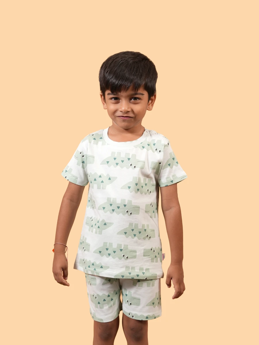 Mint Crocodile Print Co-ord Set | 100% Cotton Single Jersey Slub | 6–12M to 5–6Y