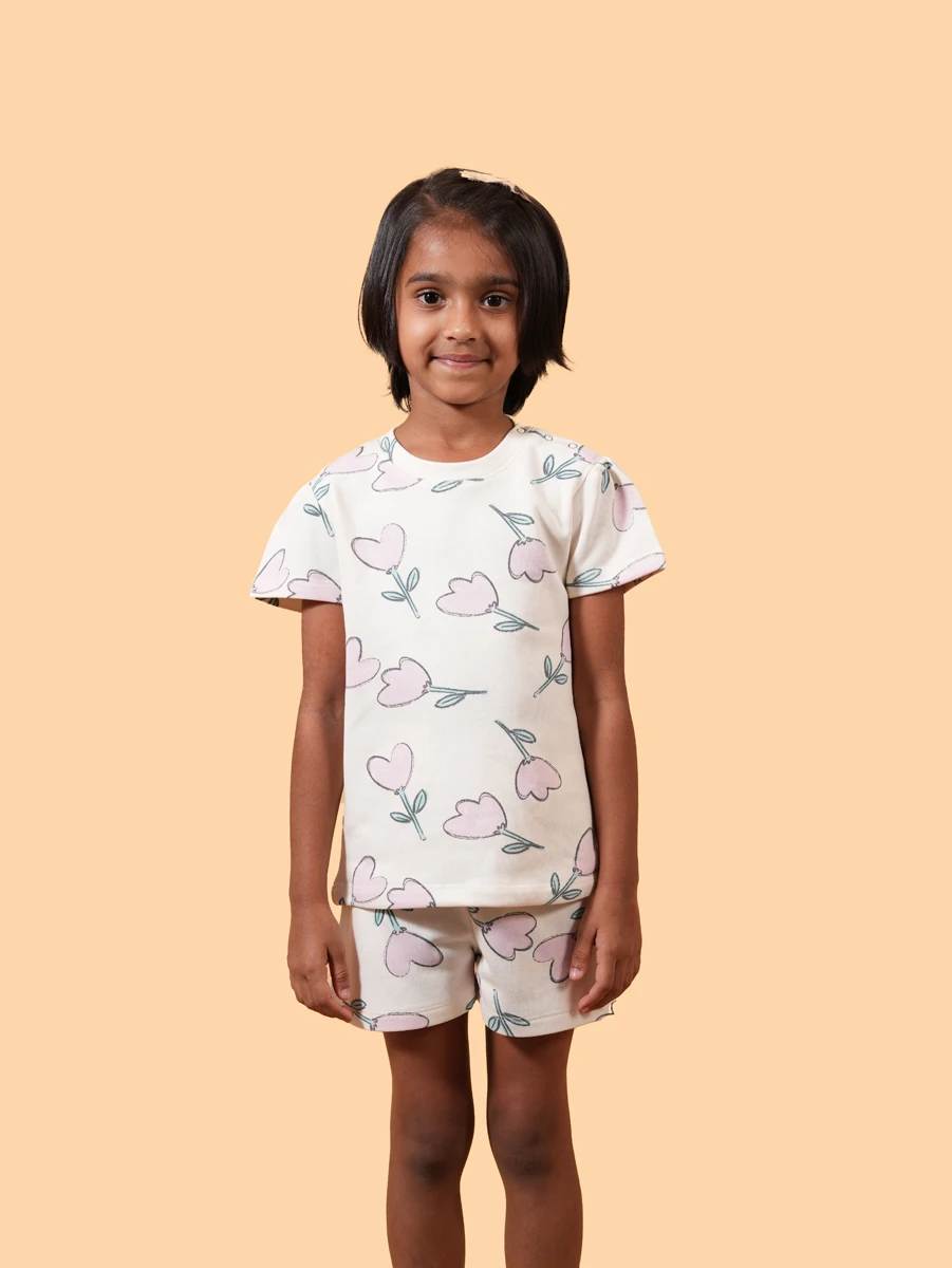 Half-White Floral Puff Sleeve Co-ord Set | 100% Cotton Loopknit | 1–2Y to 5–6Y