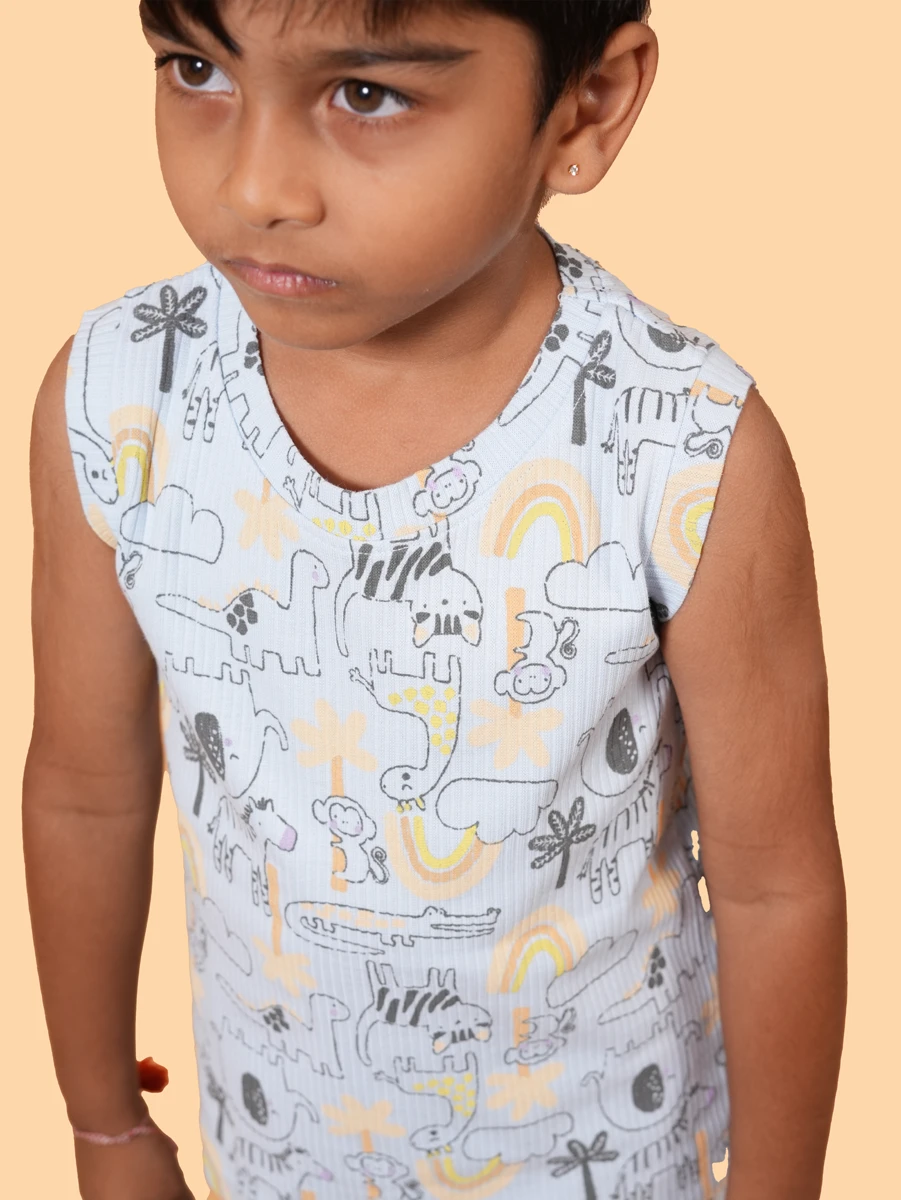 Light Blue Safari Print Sleeveless Co-ord Set | 100% Cotton Drop Needle | 1–2Y to 4–5Y