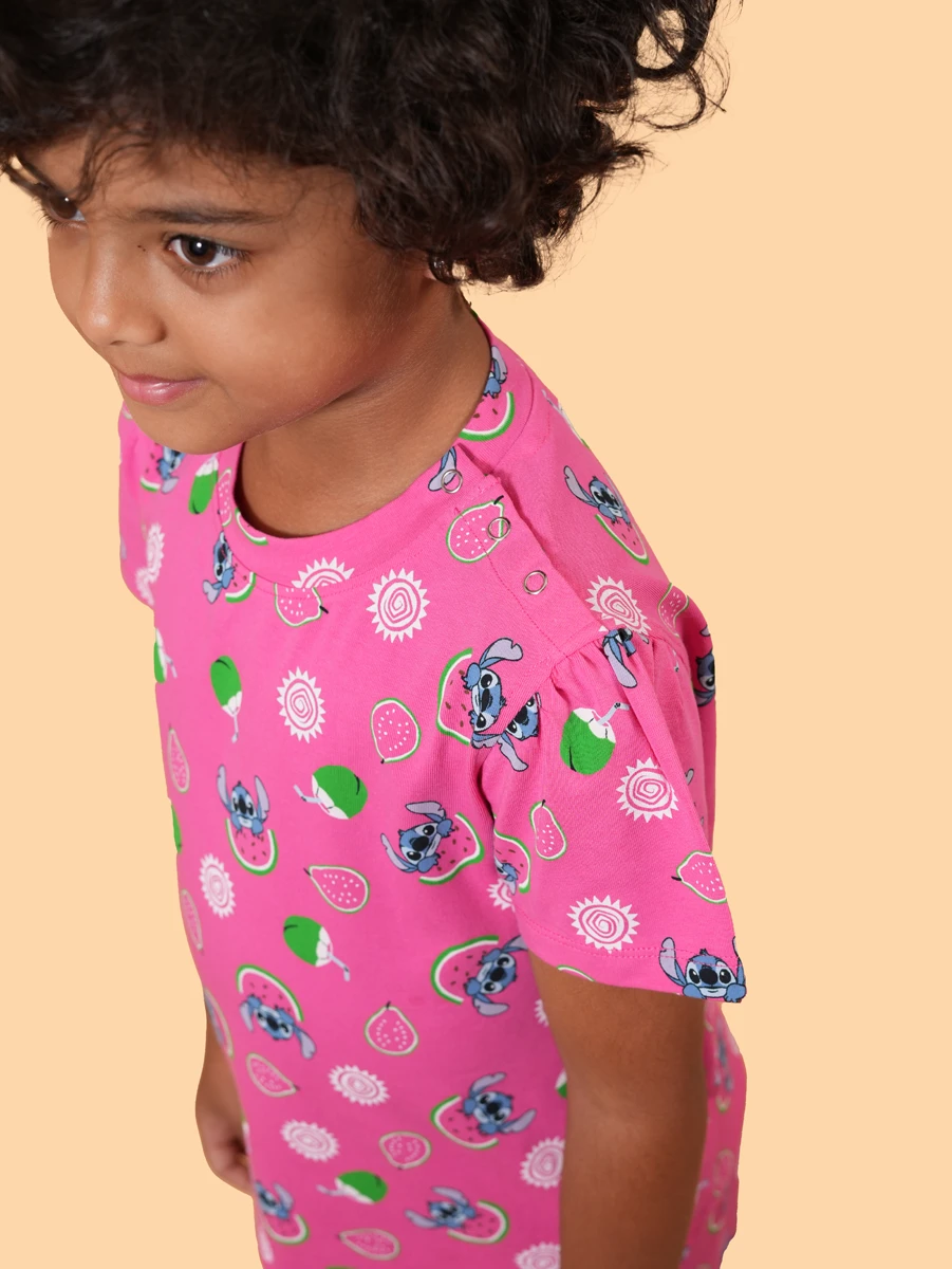 Pink Watermelon Stitch Puff Sleeve Co-ord Set | 100% Cotton Single Jersey | 1–2Y to 5–6Y