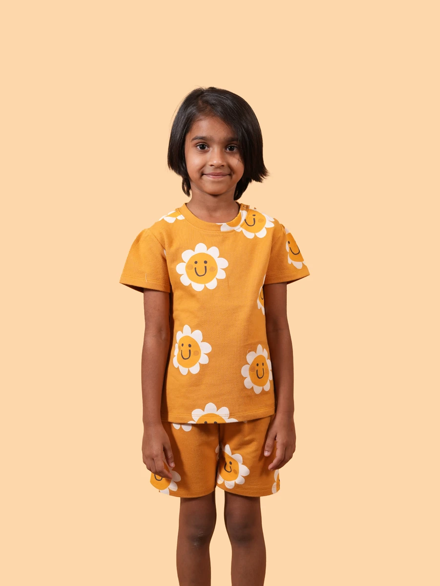 Yellow Happy Daisy Puff Sleeve Co-ord Set | 100% Cotton Loopknit | 1–2Y to 5–6Y