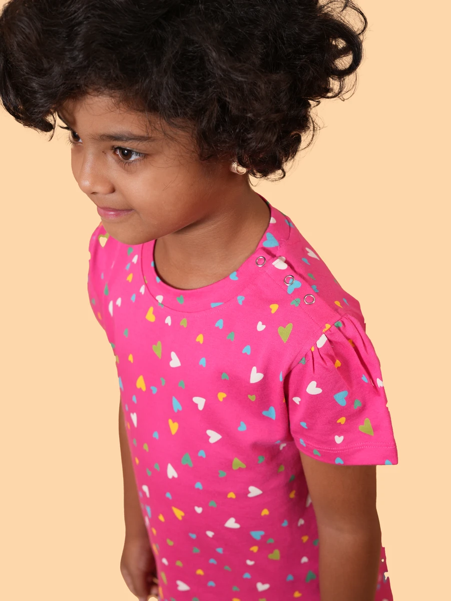 Pink Candy Hearts Puff Sleeve Co-ord Set | 100% Cotton Single Jersey | 1–2Y to 5–6Y