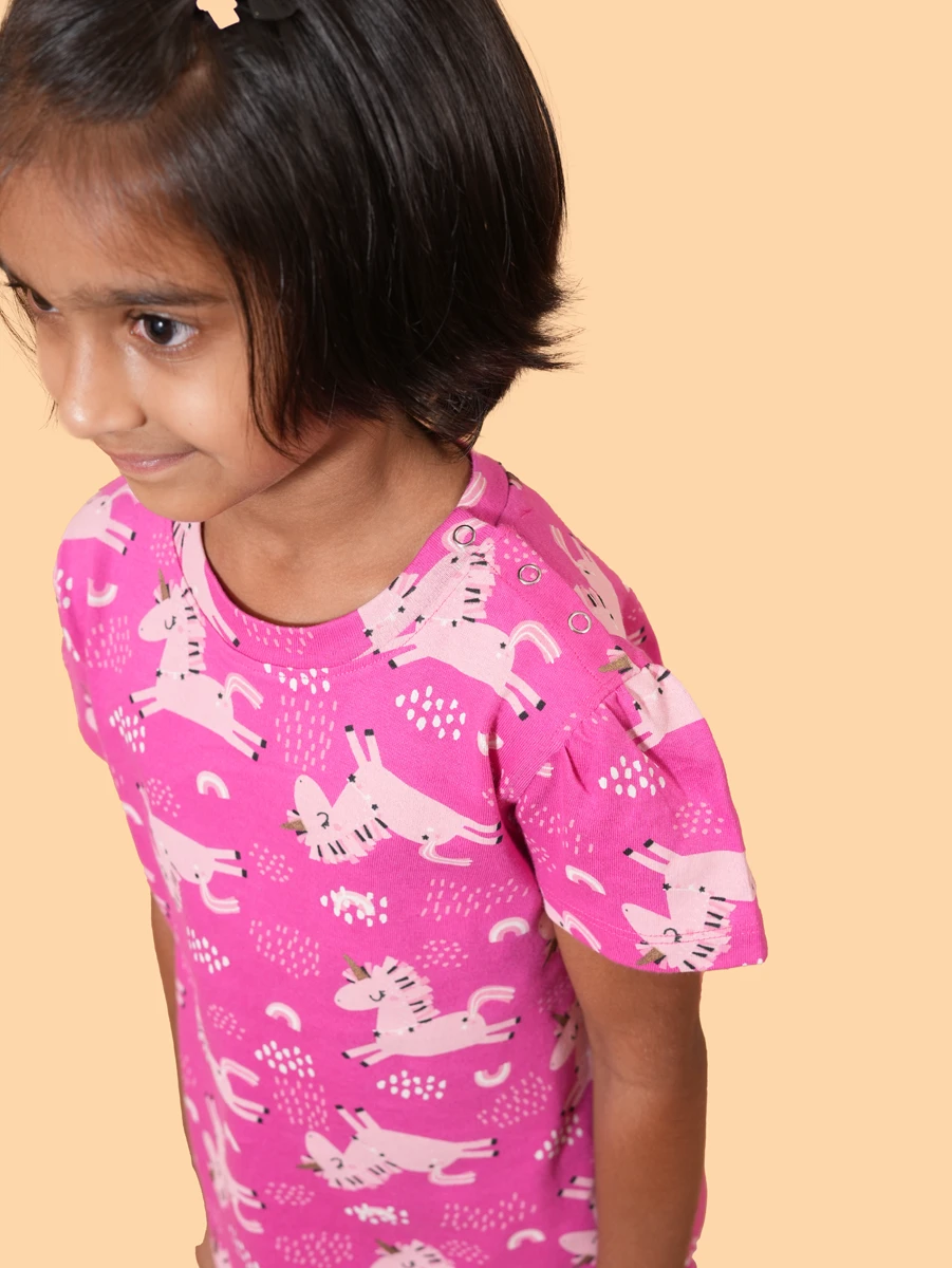 Pink Zebra Puff Sleeve Co-ord Set | 100% Cotton Single Jersey | 1–2Y to 5–6Y