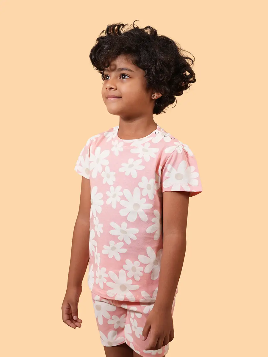 Pink Daisy Puff Sleeve Co-ord Set | 100% Cotton Single Jersey | 1–2Y to 5–6Y