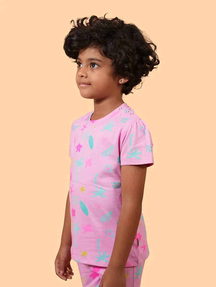 Tropical Vibes Pink Puff Sleeve Co-ord Set | 100% Cotton Single Jersey | 1–2Y to 5–6Y