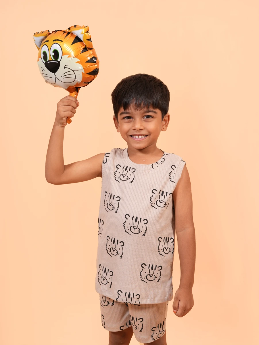 Brown Tiger Face Print Sleeveless Co-ord Set