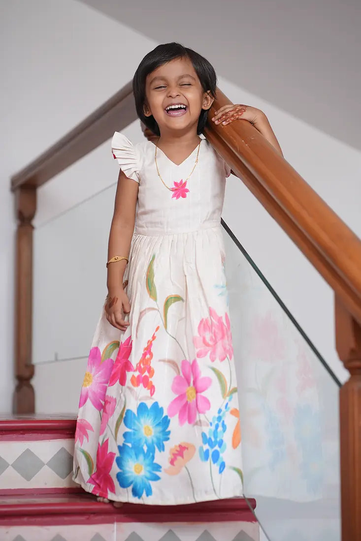 White Floral Print Festive Full Frock