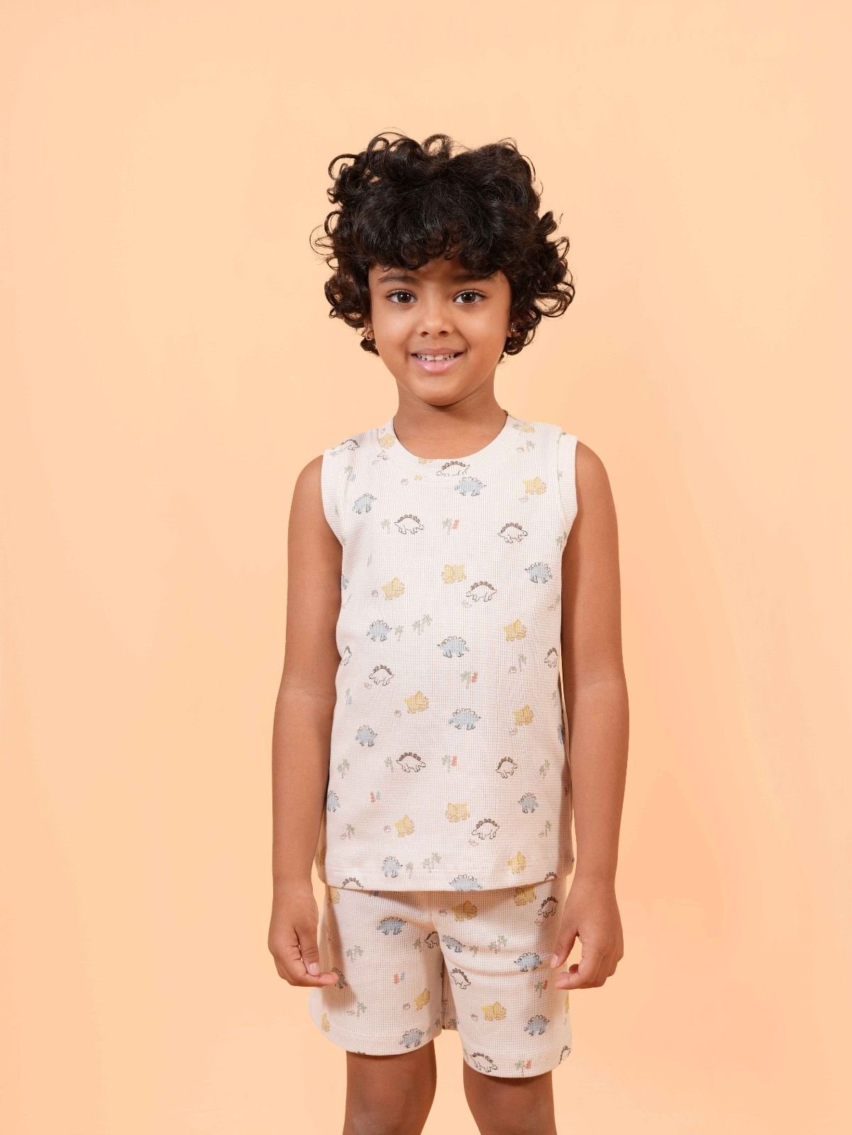 Light Biscuit Sleeveless Dinosaur Print Co-ord Set