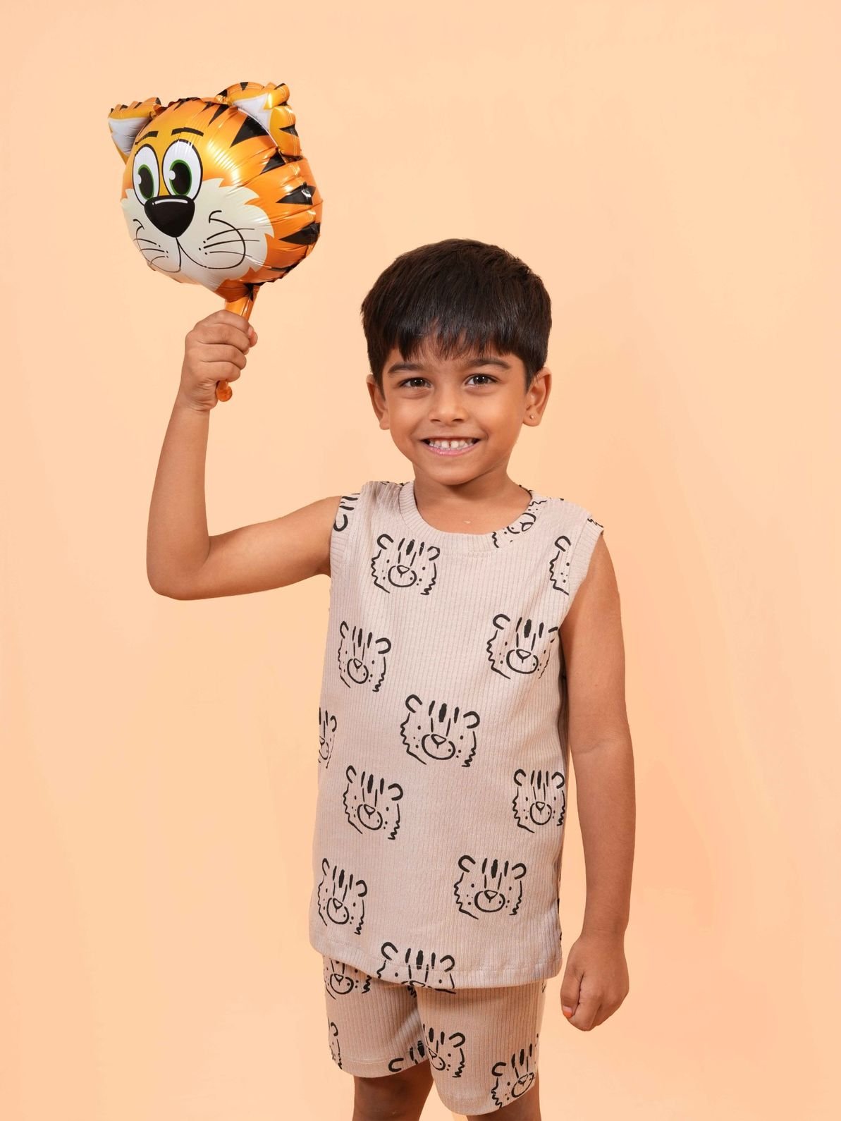 Brown Tiger Face Print Sleeveless Co-ord Set